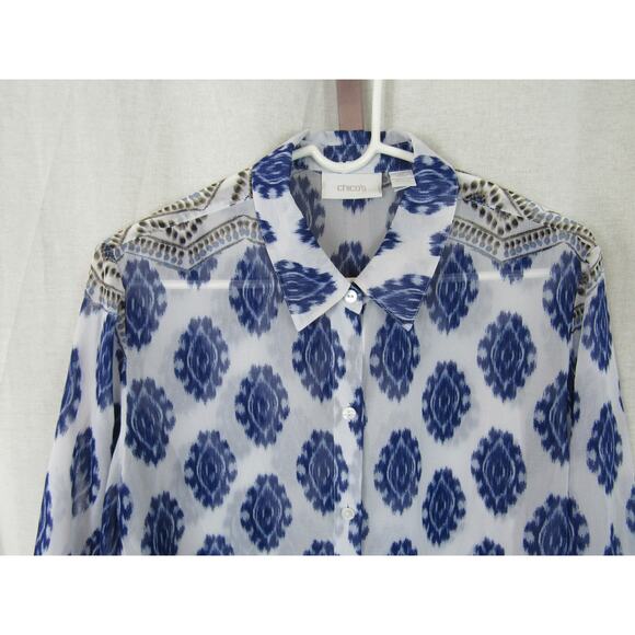 Chico's Size 2 Large Semi Sheer Blue and White Geometric Button Down Blouse - Picture 2 of 6
